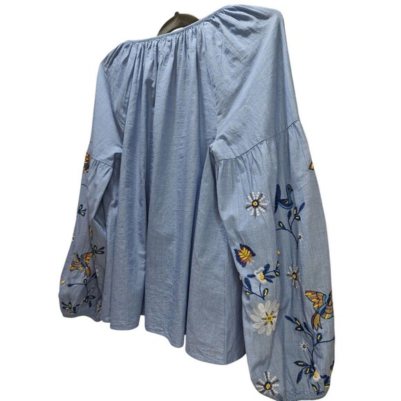 Crown & Ivy Embroidered Boho Peasant Blouse Blue Floral Butterfly Tassel Women’s - Picture 5 of 9